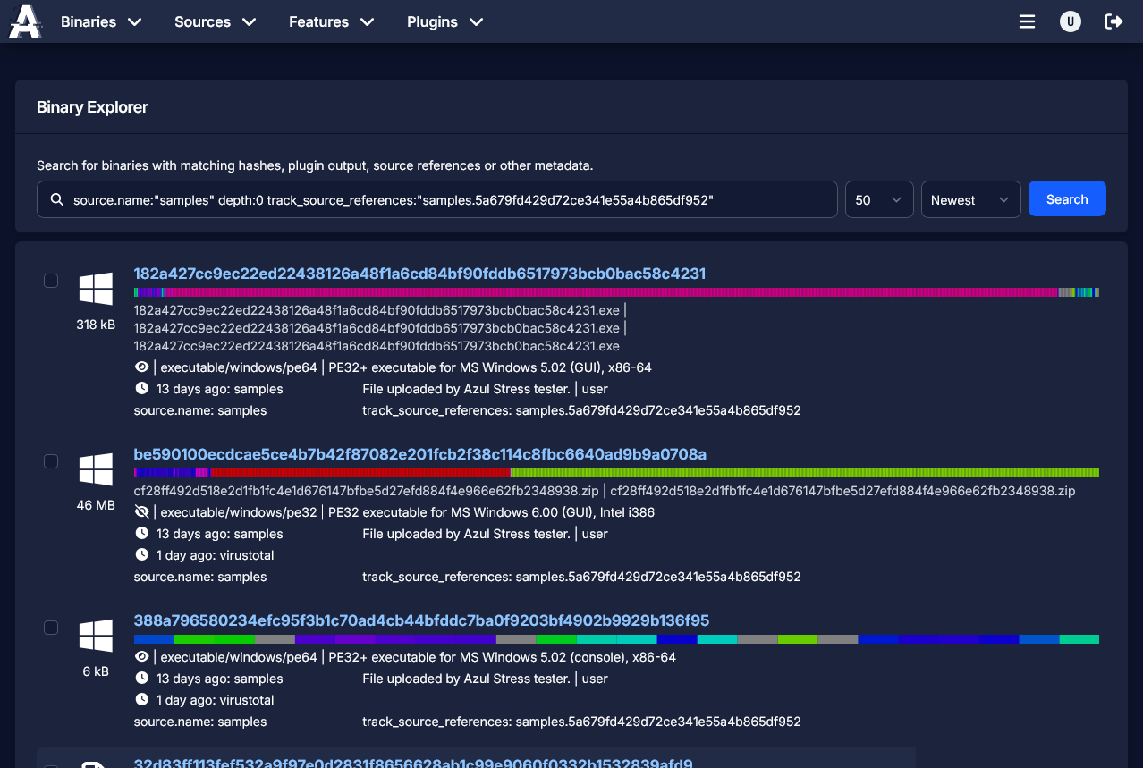 Screenshot of binary explore page