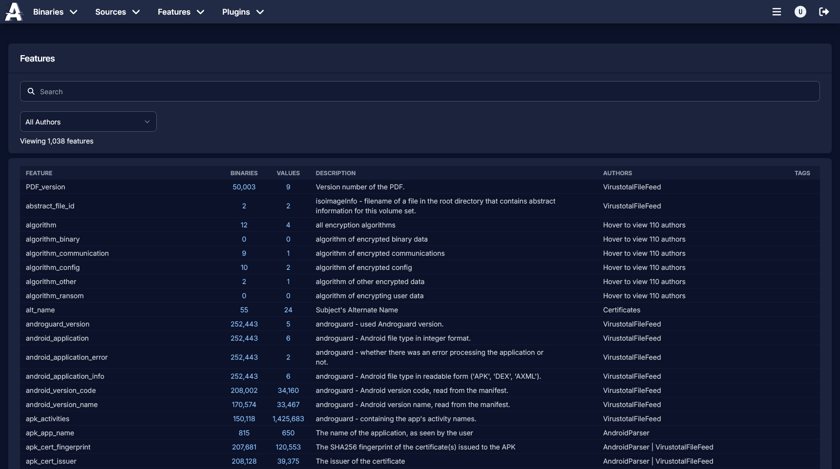 screenshot of feature explorer page