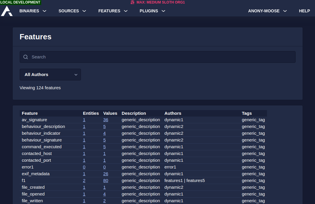screenshot of feature explorer page