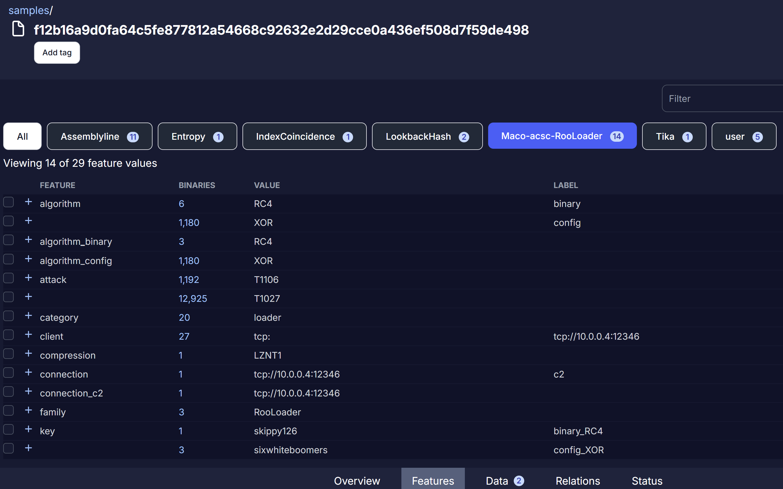 Screenshot of the Features page of a RooLoader sample, displaying the RooLoader extractor features