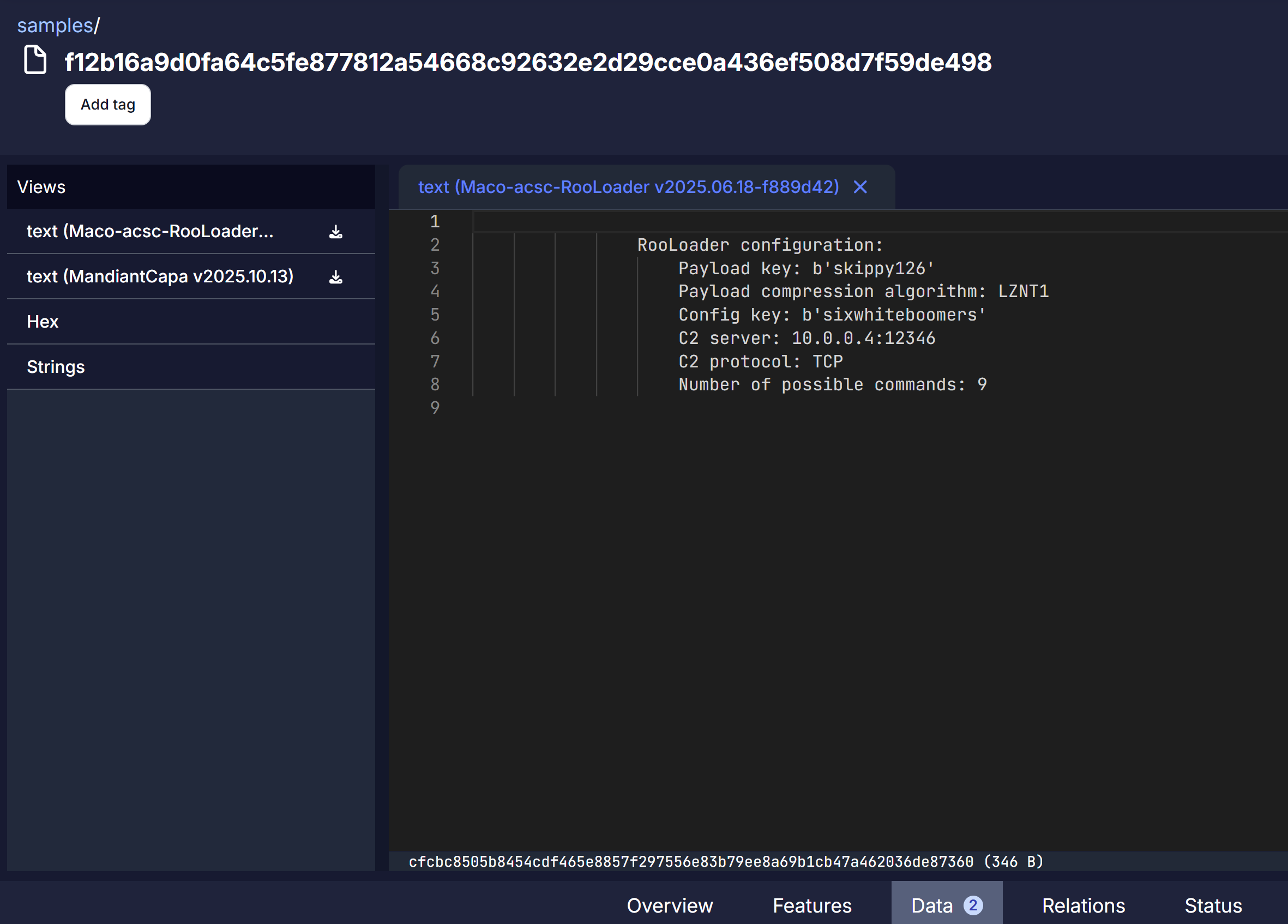 Screenshot of RooLoader extractor report