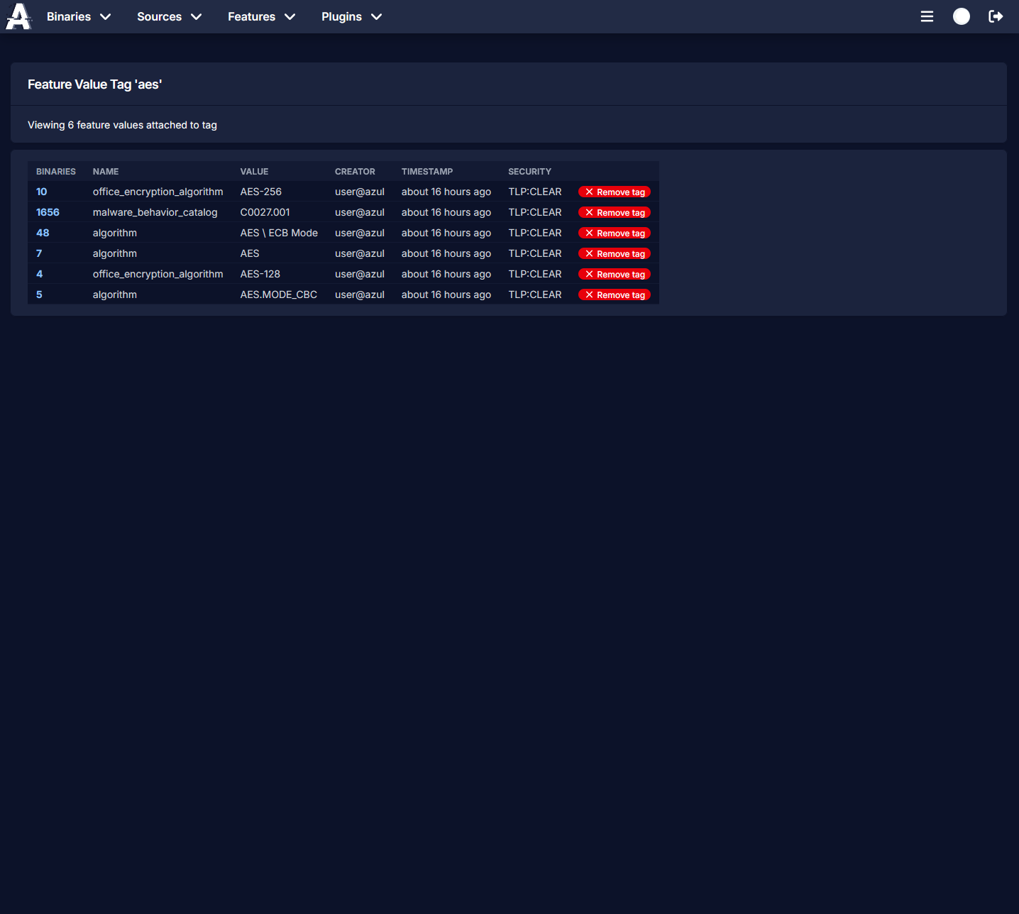screenshot of feature tag page