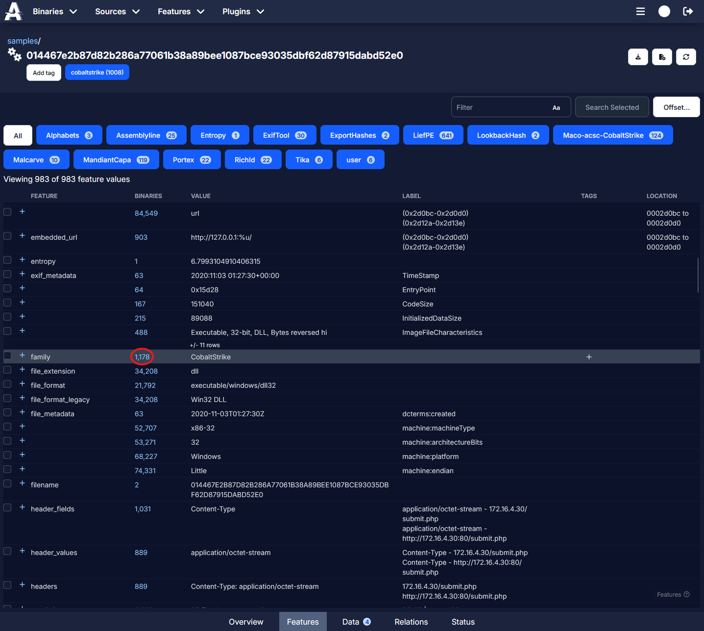 screenshot of binary feature page