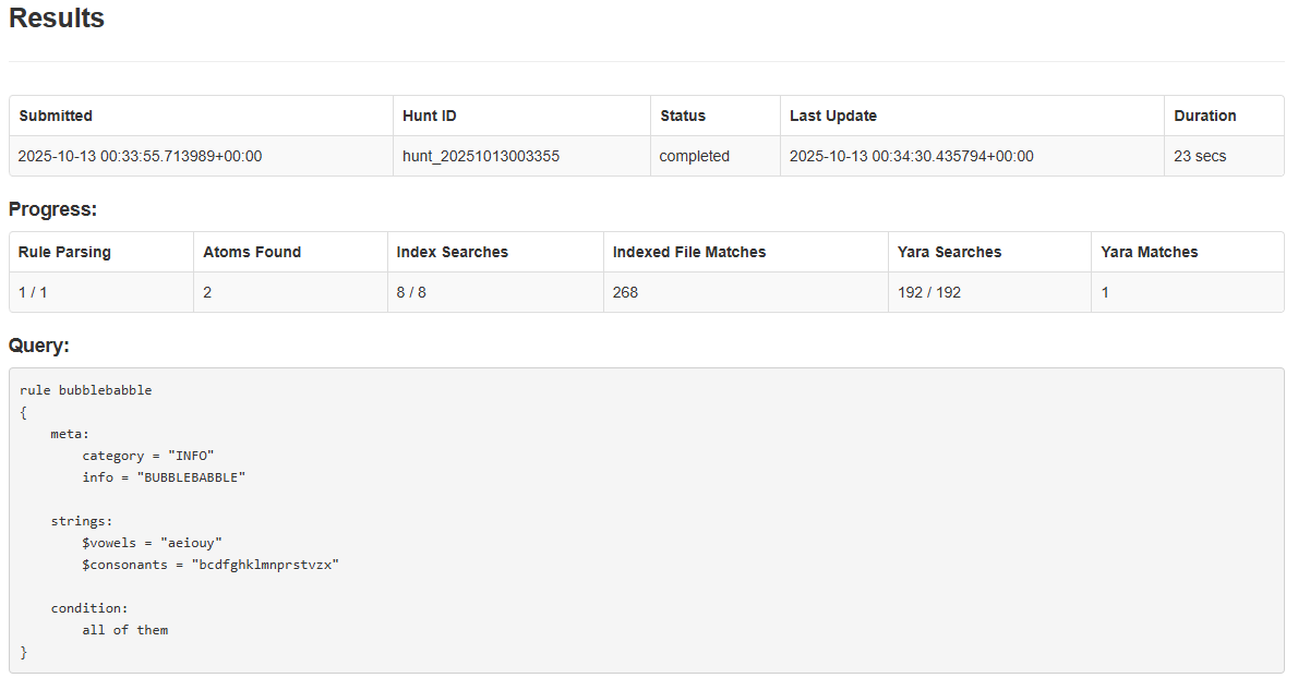 Screenshot of the first half of a Retrohunt results page