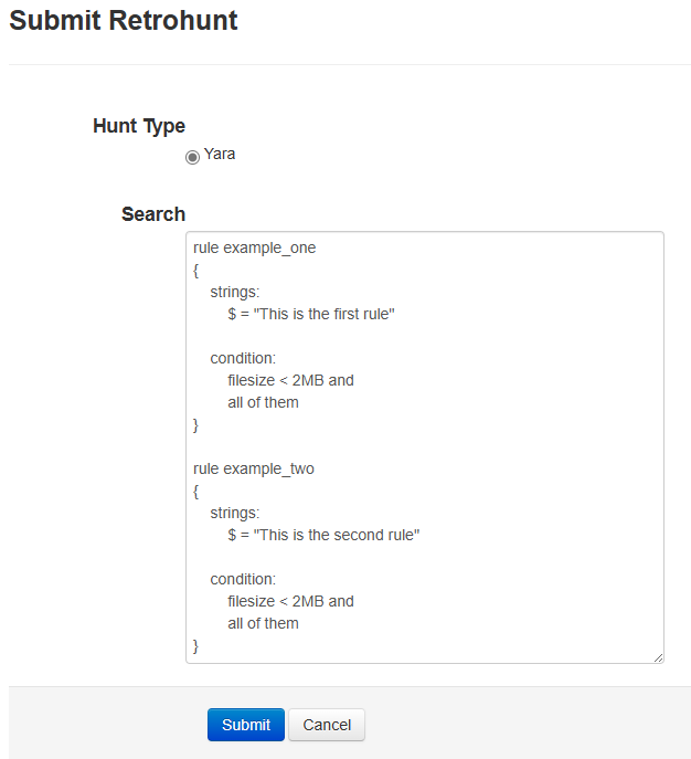 Screenshot of a Retrohunt submission