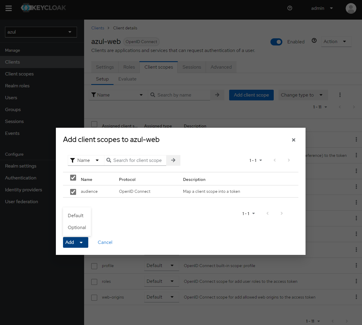 screenshot showing adding auidence to azul-web