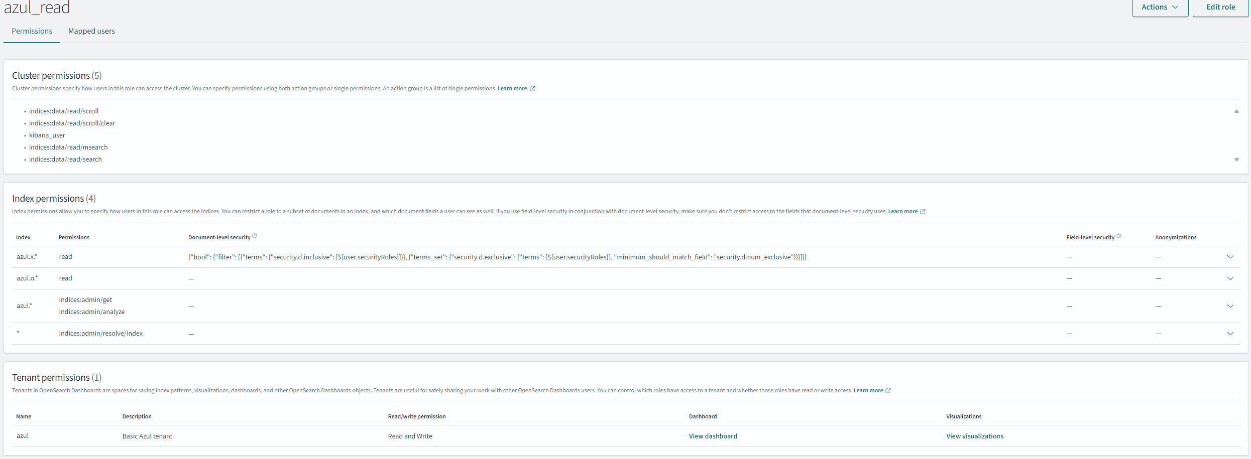 screenshot showing azul_read setup in OpenSearch