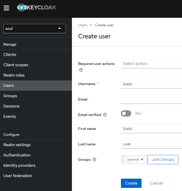 screenshot showing creation of user basic and assigning to group general