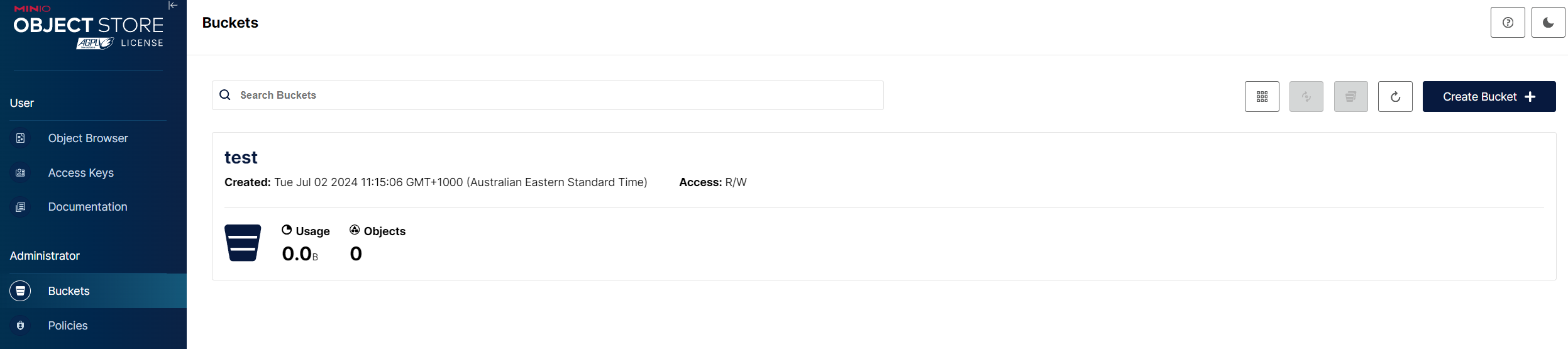 screenshot Minio buckets list