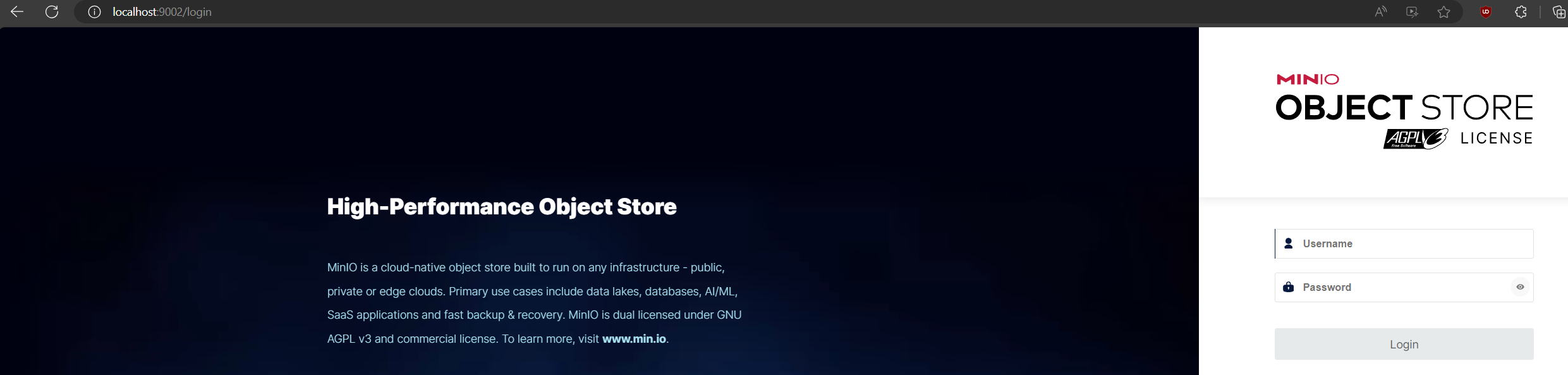 screenshot showing Minio login
