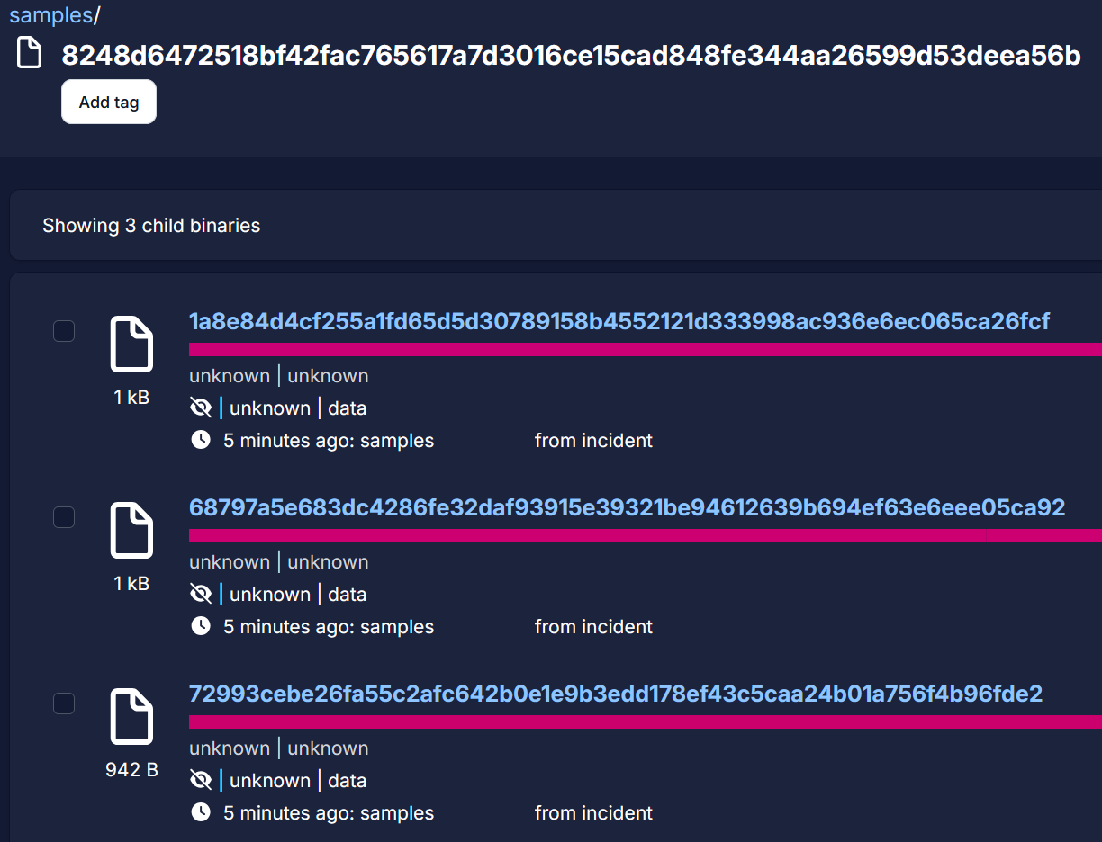 screenshot of uploaded child binaries viewed from relationships tab